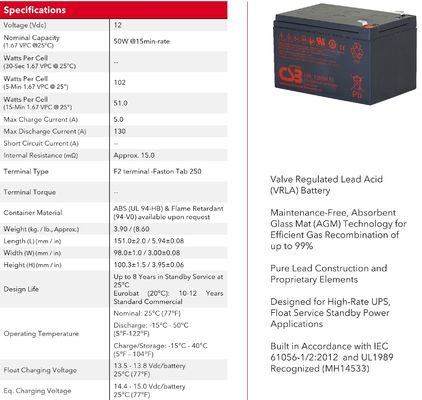Batterie CSB HRL1250W 12V 50W Batterie à gel sec au plomb-acide rechargeable haute performance pour l'énergie électrique