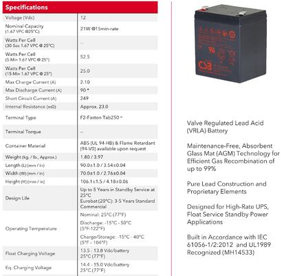 CSB Battery HR1221W 12V 21W High Performance Rechargeable Lead-Acid Dry Batteries for Electric Power