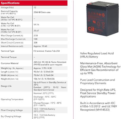 CSB HRL1225W F2 Sealed Lead Acid Battery Extremely High Current 12V 25W 12V 5Ah Gel Battery With F2 Terminal